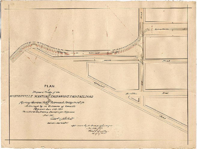 Plan, Plan of proposed tracks of the Hestonville, Mantua and Fairmount Pass. Rail Road on Spring Garden St. from Fairmount Bridge to 25th St. [Ordinance June 25, 1880; survey returned Nov. 1881; approved by Board of Surveyors Nov. 7, 1881], 1881