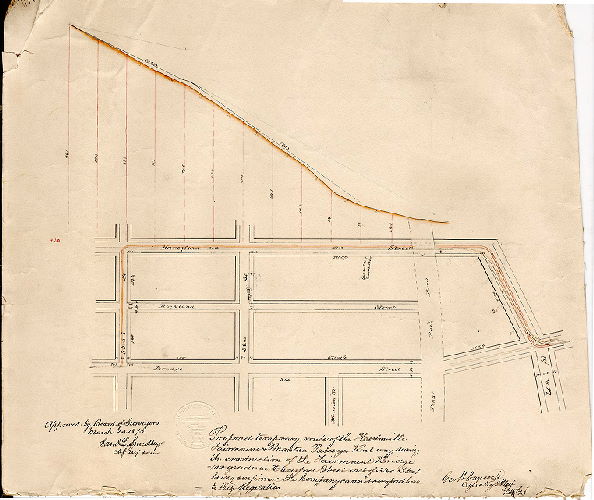 Plan, Proposed temporary route of the Hestonville Fairmount & Mantua Passenger Railway during the construction of the Fairmount Bridge - no grades on Haverford Street east of 33rd Street being confirmed the Company cannot adhere to City Regulation [Approved by Board of Surveyors March 23, 1873], 1873