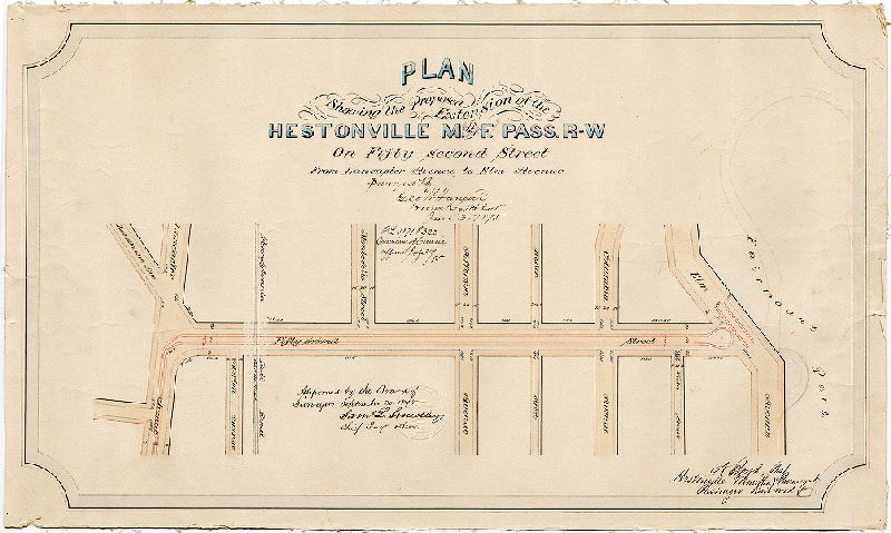 Plan, Plan showing the proposed extension of the Hestonville, M. [Mantua] and F. [Fairmount] Pass. R-W on Fifty-second Street from Lancaster Avenue to Elm Avenue [Approved by Board of Surveyors Sept. 20, 1875], 1875