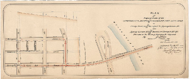 Plan, Plan of proposed tracks of the Hestonville, Mantua and Fairmount Pass. Rail Road on Thirty-first St. from Haverford to Spring Garden St. and Spring Garden St. from Fairmount Bridge to 33rd St. [Ordinance June 25, 1880; survey returned Oct. 1881; approved by Board of Surveyors Nov. 7, 1881], 1881