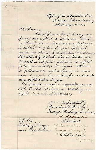 Plan, [Letter dated May 11, 1883, from D. Hopkinson, President, Schuylkill River Passenger Railway Co., and Matthew Brookes, President, Philadelphia and Grays Ferry Passenger Railway Co., to Board of Surveyors, asserting the companies' "right to a continuous track on Twenty-second Street."] , 1883