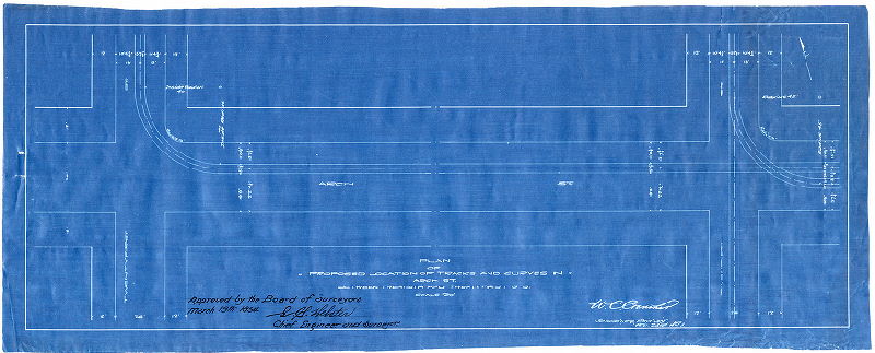 Plan, Plan of the proposed location of tracks and curves in Arch St. between Twentieth and Twenty-first Sts. [Survey returned Feb. 23, 1893; approved by Board of Surveyors March 19, 1894], 1893