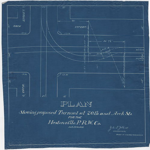 Plan, Hestonville P.R.W. Co. Plan showing proposed turnout at 20th and Arch Sts. for the , 1892