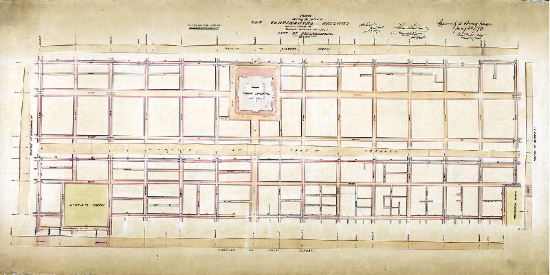Plan (alternate image), Plan showing the route and location of the Continental Railway through the Third Survey District, City of Philadelphia, Dec. 1873 [Approved by Board of Surveyors Jan. 5, 1874], 1873