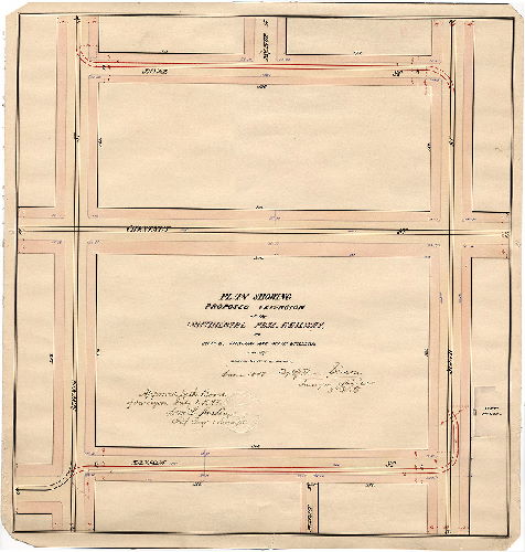 Plan, Plan showing proposed extension of the Continental Pass. Railway, on Jayne, Sansom and Sixth Streets. June 1878 [Approved by Board of Surveyors July 1, 1878], 1878