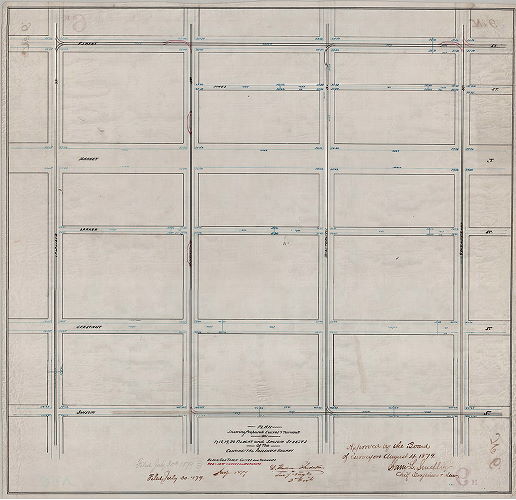Plan, Plan showing proposed curves & turnouts on 17, 18, 19, 20, Filbert and Sansom Streets of the Continental Passenger Railway [Approved by Board of Surveyors Aug. 4, 1879], 1879