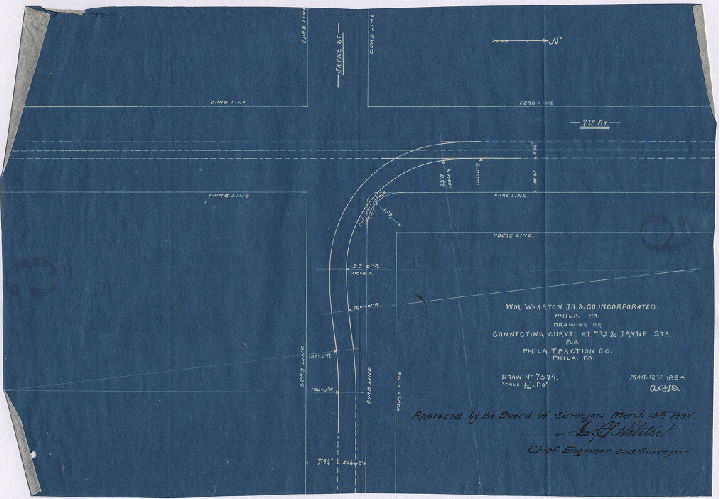 Plan, Drawing of connecting curve at 7th & Jayne Sts. for Phila. Traction Co., Phila., Pa. Wm. Wharton Jr. & Co. Incorporated, Phila., Pa., Drawing No. 7579 [Approved by Board of Surveyors March 19, 1894], 1894