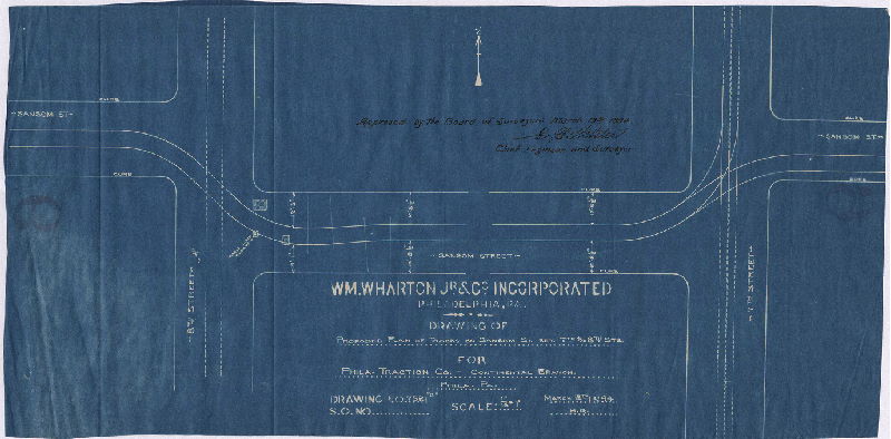 Plan, Proposed plan of tracks on Sansom St. bet. 7th and 8th Sts. for Phila. Traction Co. - Continental Branch, Phila., Pa. Wm. Wharton Jr. & Co. Incorporated, Drawing No. 7521 [Approved by Board of Surveyors March 19, 1894], 1894