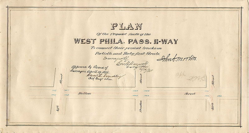 Plan, Plan of the proposed route of the West Philadelphia Pass. R-Way to connect their present tracks on Fortieth and Forty-first Streets [Survey returned April 16, 1875; approved by Board of Surveyors April 19, 1875], 1875