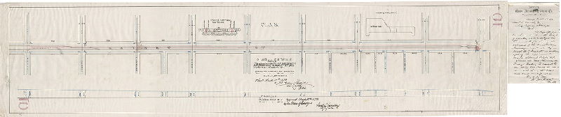 Plan, Plan and profile showing the extension of the Union Passenger Railway along Market St. from Ninth St. to Front St. [Survey returned and approved March 17, 1873; with attached letter], 1873