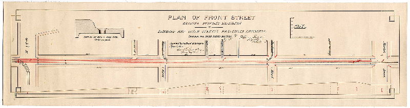 Plan, Plan of Front Street showing proposed extension of Lombard and South Streets Passenger Railways through the Third Survey District [Approved by Board of Surveyors May 5, 1873], 1873