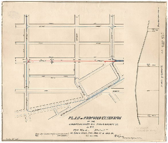 Plan, Plan of proposed extension of the Lombard and South Sts. Pass'r. Railway Co. in the 27th Ward, Philad'a. [Survey returned June 19, 1884], 1884