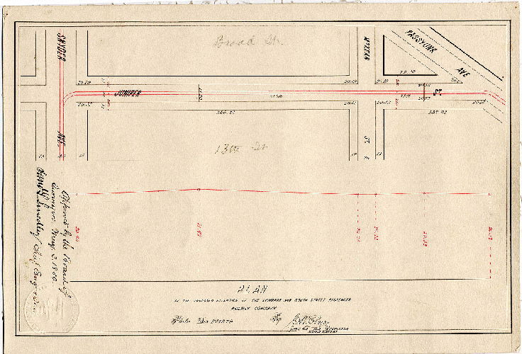 Plan, Plan [and profile] of the proposed extension of the Lombard and South Street Passenger Railway Company [Approved by Board of Surveyors May 3, 1880], 1879