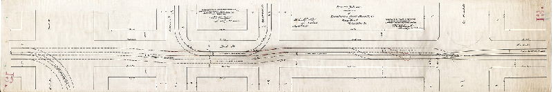 Plan, Proposed extension of the tracks of the Lombard & South Street R'y. Co. on Front Street, Philadelphia, Pa. [Survey returned May 27, 885, and amended as follows: "Turntable to be located 22 feet south of the south line of Market St., as approved by the Board of Surveyors Jan. 25th, 1886" and "To connect with and run on the tracks of the Chestnut and Walnut Street Passenger railway Co. as approved by the Board of Surveyors January 25th, 1886"] , 1886