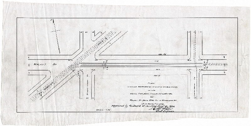 Plan, Plan showing proposed extension of double track of the West Philad'a. Pass'r. Railway Co. on Walnut St. from 33r sty. to Woodland Av., 27th Ward, Philad'a. [Approved by Board of Surveyors April 30, 1894], 1894