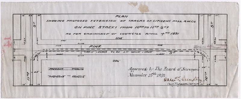 Plan, Plan showing proposed extension of tracks of Citizens Pass. R.W. Co. on Pine Street from 10th to 11th Sts. [Ordinance April 4, 1891; approved Nov. 16, 1891], 1891