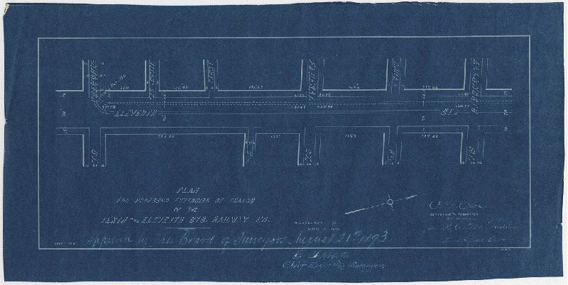 Plan, Plan for proposed extension of tracks of the Tenth and Eleventh Sts. Railway Co. Sheet No. 2 [Survey returned and approved Aug. 21, 1893] , 1893