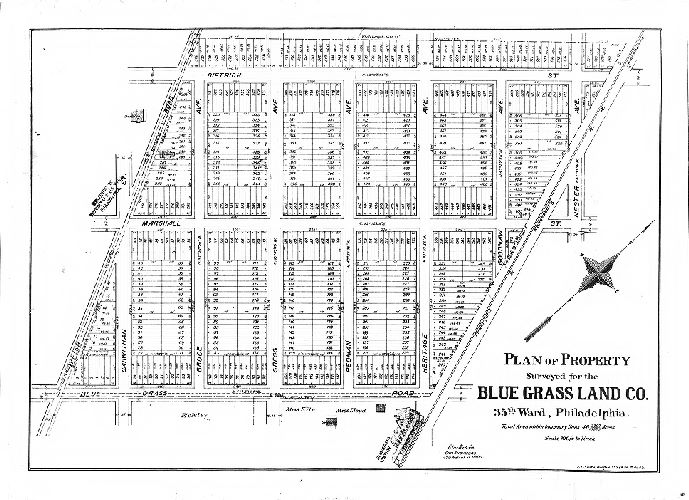 Plan, Plan of property surveyed for the Blue Grass Land Co., 35th Ward, Philadelphia. Total area within boundary lines 46-3307/10000 acres. Scale 100 feet to 1 inch. Clarke & Co., Civil Engineers, 430 Walnut St. Phila. J. L. Smith, Map Publ., 27 S. 6th St. Philad'a., 1910 ca.