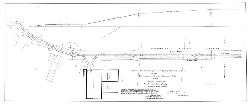 Plan, Plan of proposed location of tracks, crossover and turnout of the Southwestern Street Passenger Ry. Co. on the southwest approach to the Penrose Ferry Bridge, Fortieth Ward, Philad'a. [Approved by Board of Surveyors Dec. 2, 1901], 1901