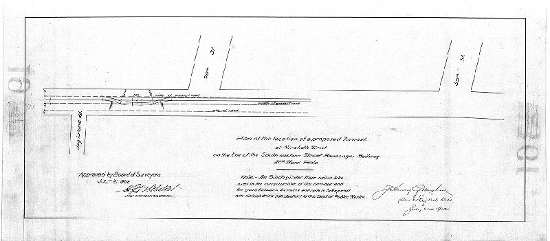 Plan, Plan of the location of a proposed turn-out at Ninetieth Street on the line of the South-western Street Passenger Railway, 40th Ward Phila. [Approved by Board of Surveyors July 21, 1902], 1902
