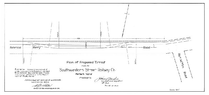 Plan, Plan of proposed turnout made for Southwestern Street Railway Co., Fortieth Ward Phila. [Approved by Board of Surveyors March 21, 1904], 1904