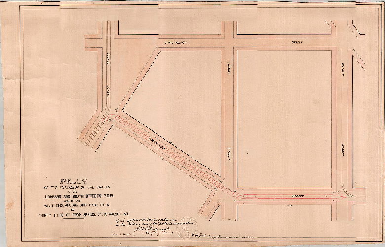 Plan, Plan of the extension of the tracks of the Lombard and South Streets P.R.W. and of the West End, Angora and Park P. [Passenger] R.W. [Rail Way] on Thirty-third Street from Spruce St. to Walnut St. [Survey returned March 6, 1882; approved by Board of Surveyors March 20, 1882], 1882