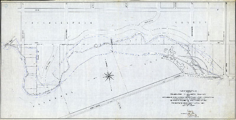 Plan (alternate image), Plan of boundary line between Philadelphia and Delaware Counties from Sixty-third and Market Streets northwest to Arch Street and Merion Road as surveyed and marked by the Commission appointed by the Court of Philadelphia County June 10th 1902 and the Court of Delaware County June 16th 1902. , 1904