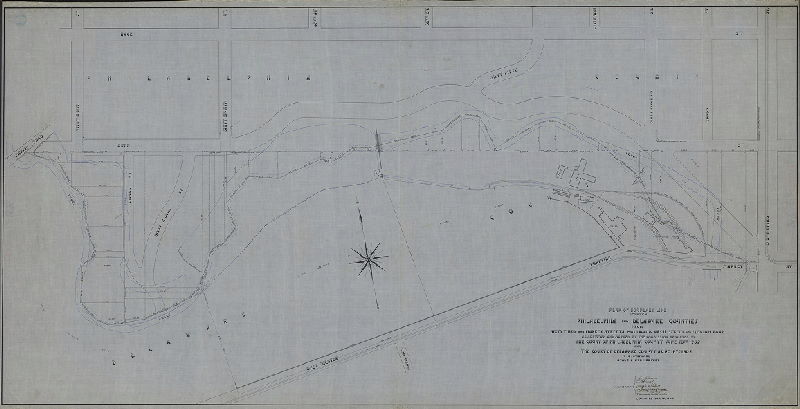 Plan, Plan of boundary line between Philadelphia and Delaware Counties from Sixty-third and Market Streets northwest to Arch Street and Merion Road as surveyed and marked by the Commission appointed by the Court of Philadelphia County June 10th 1902 and the Court of Delaware County June 16th 1902. , 1904