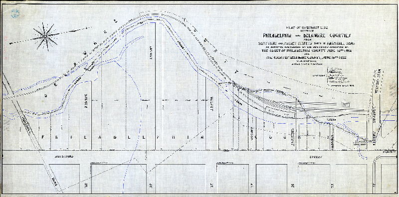 Plan (alternate image), Plan of boundary line between Philadelphia and Delaware Counties from Sixty-third and Market Streets south to Marshall Road as surveyed and marked by the Commission appointed by the Court of Philadelphia County June 10th 1902 and the Court of Delaware County June 16th 1902. , 1904