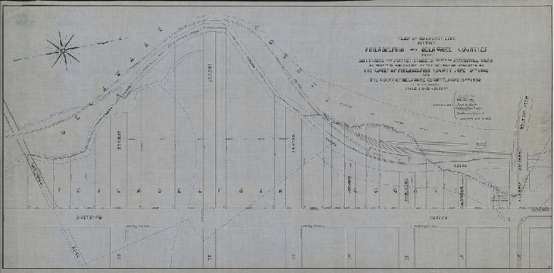 Plan, Plan of boundary line between Philadelphia and Delaware Counties from Sixty-third and Market Streets south to Marshall Road as surveyed and marked by the Commission appointed by the Court of Philadelphia County June 10th 1902 and the Court of Delaware County June 16th 1902. , 1904