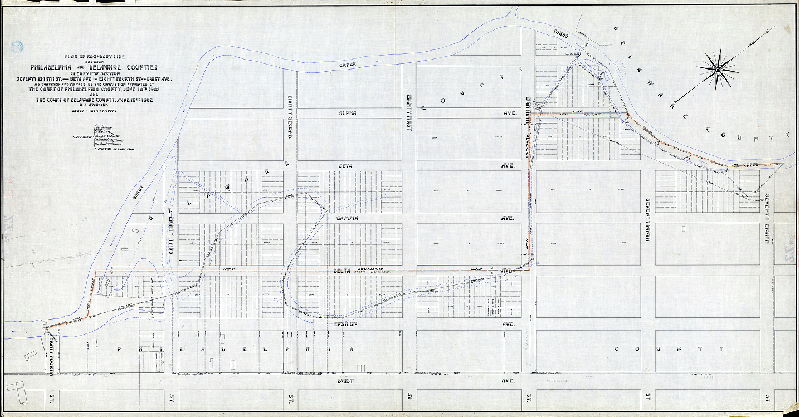Plan (alternate image), Plan of boundary line between Philadelphia and Delaware Counties. Clearview section, Seventy-eighth St. and Beta Ave. to Eighty-fourth St. and Buist Ave. as surveyed and marked by the Commission appointed by the Court of Philadelphia County June 10th 1902 and the Court of Delaware County June 16th 1902. [See RC-ZZ-5-3 for revised plan], 1904