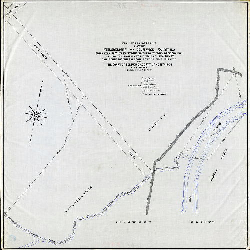 Plan (alternate image), Plan of boundary line between Philadelphia and Delaware Counties. Bow Creek section, extending southwest from Back Channel as surveyed and marked by the Commission appointed by the Court of Philadelphia County June 10th 1902 and the Court of Delaware County June 16th 1902. [2 copies, tracing and blueprint, both good.], 1904