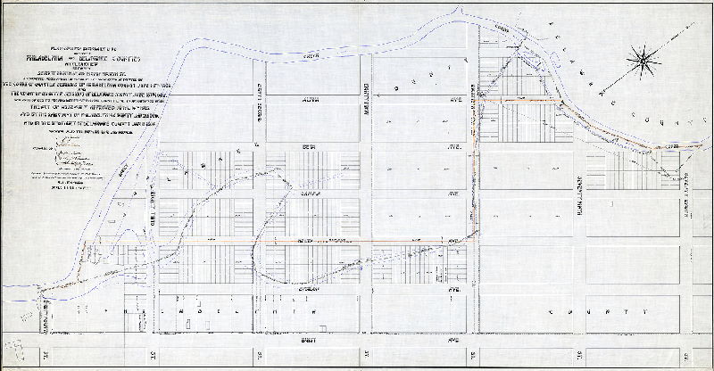 Plan (alternate image), Plan of boundary line between Philadelphia and Delaware Counties. Clearview section, Seventy-eighth St. and Eighty-fourth St. as surveyed fixed and determined by the Commission appointed by the Court of Quarter Sessions of Philadelphia County June 10th 1902 and the Court of Quarter Sessions of Delaware County June 16th 1902... showing also the former line abandoned. [See RC-ZZ-3 for similar], 1908