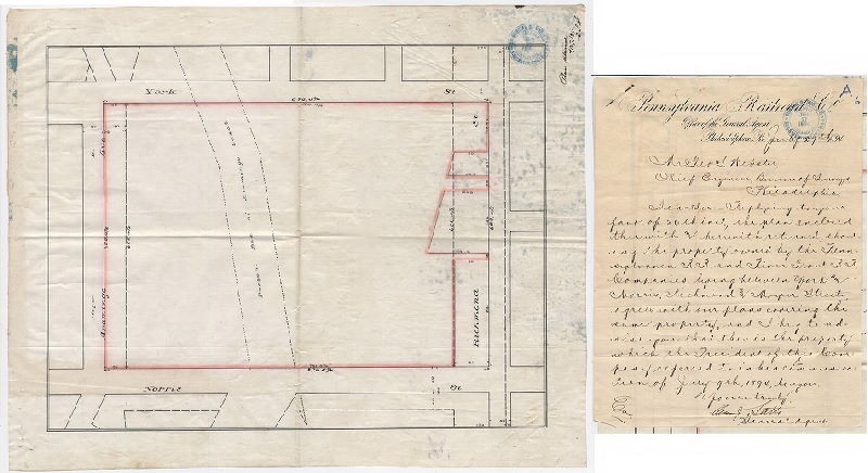Plan, [No title. Plan showing Pennsylvania Railroad property in vicinity of Aramingo Canal. With attached letter from Office of the General Agent, Pennsylvania Railroad Co., July 27, 1894], 1894