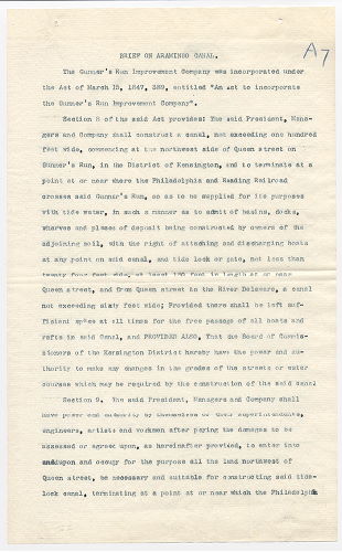 p. 1, Brief on the Aramingo Canal, formerly Gunner's Run and Canal, 1895 ca.