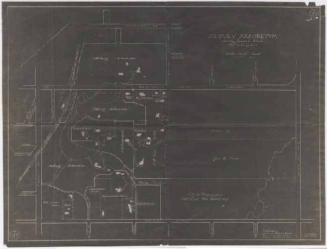 Plan, Awbury Arboretum, Twenty-second Ward, Philadelphia. January 1924. Prepared by Harrison, Mertz & Emlen, Engineering & Construction, Franklin Bank Bldg., Philada. Drawing No. 2372 [On reverse: "P-14-51"], 1924