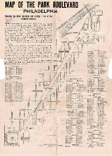 Plan, Map of the Park Boulevard, Philadelphia, showing street crossings and giving a list of properties affected. [Published by the North American May 1892. For similar, see FF-Parkway-08] , 1892