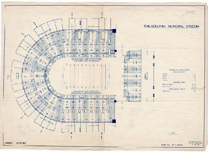 Plan, Philadelphia Municipal Stadium. Sheet No. 1 of 7 sheets. [On reverse: "L-36-59". See nine plans named FF-JFK for later, more detailed versions of this plan.], 1936