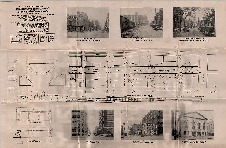 Plan, Plan of the proposed Randolph Boulevard from Vine St. to Spring Garden St., Philadelphia. Boulevard … Showing line and grade, profile & sections of character of construction, pictures of type of properties take and their assessed values, estimates of probable cost of construction, 1930 ca.