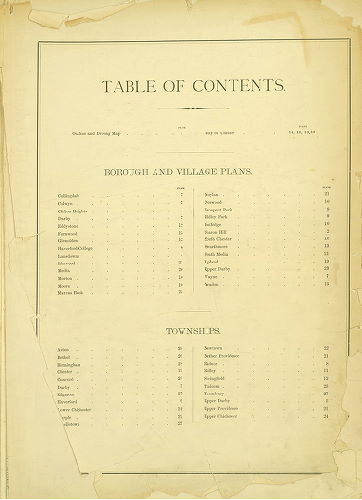 Table of Contents, Farm line and Borough Atlas of Delaware County, Pennsylvania, 1892