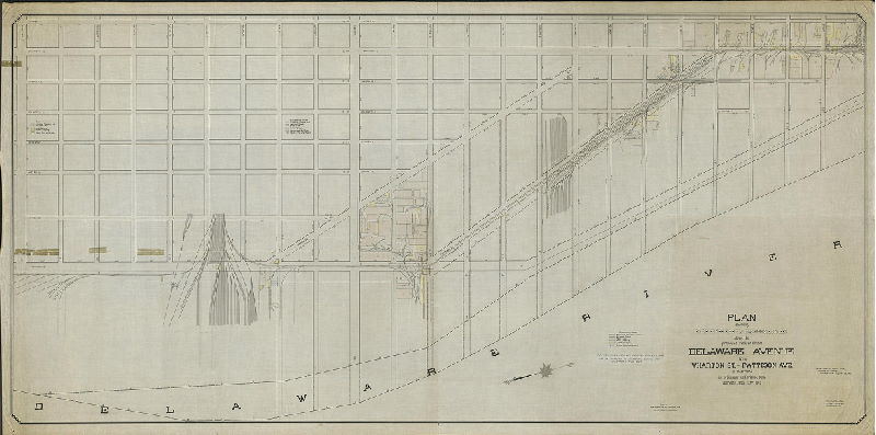 Plan, Plan showing railroad tracks, buildings, and other structures along the proposed revised line of Delaware Avenue from Wharton St. to Pattison Ave. as described in ordinance authorizing the same approved June 25th 1912., 1912
