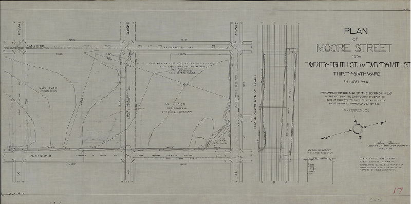 Plan, Plan of Moore Street from Twenty-eighth St. to Twenty-ninth St., Thirty-sixth Ward, Philadelphia. Prepared for the use of the Board of View in the matter of the construction of sewer on Moore St. from Twenty-eight St. to Twenty-ninth St. under ordinance approved July 6th 1914. D-17, No. 15, 1916