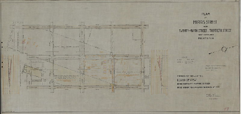 Plan, Plan of Moore Street from Twenty-ninth St. to Thirtieth St., Thirty-sixth Ward, Philadelphia. Prepared for the use of the Board of View in the matter of the opening thereof under ordinance approved November 4th 1915. D-17, No. 19, 1916