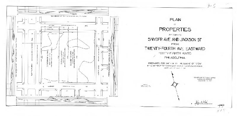 Plan, Plan of properties between Snyder Ave, and Jackson St. from Twenty-fourth Ave. eastward, Forty-eighth Ward, Philadelphia. Prepared for the use of the Board of View in the matter of the condemnation thereof for school purposes under Act of May 11th 1911., 1916