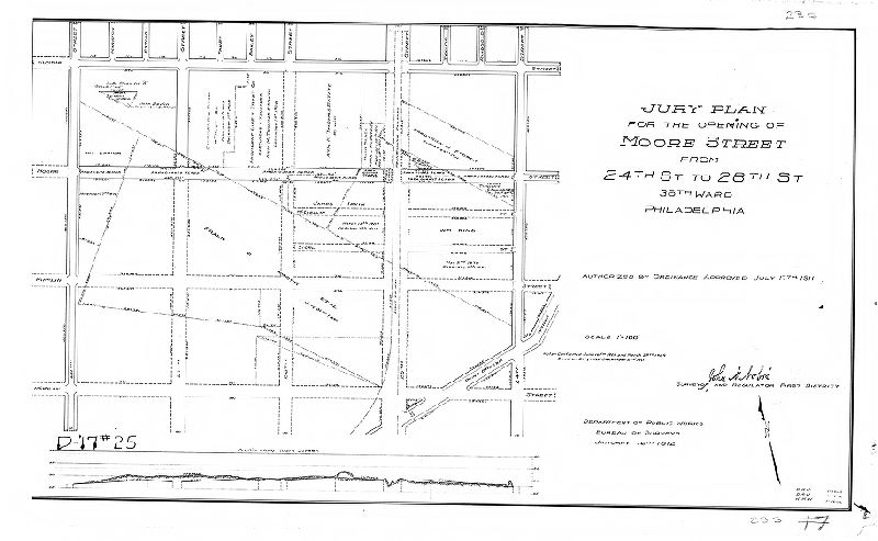 Plan, Jury plan for the opening of Moore Street from 24th St. to 28th St., 36th Ward, Philadelphia. D-17, No. 25, 1912