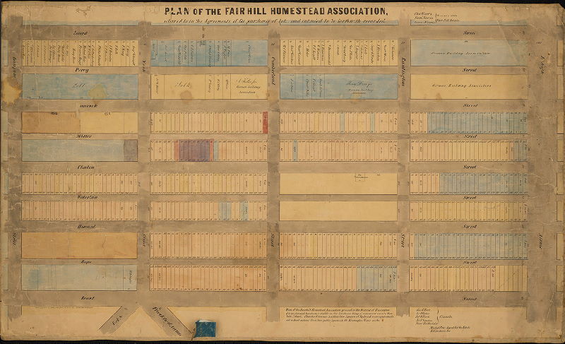 Plan, Plan of the Fair Hill Homestead Association, referred to in the Agreements of the purchases of lots, and intended to be forthwith recorded. Chas. Norris, Saml. Norris, Isaac Norris, Trustees of the Fair Hill Estate. Lith'y. of A[ugust] Kollner… Plan of the Fairhill Homestead Association ground in the District of Kensington. It is an elevated, handsome, & eligible site for Residences, being of convenient access to markets, Schools, Churches, & Omnibus, & within two Squares of hydrant water & pavements but a short distance from two public squares, & the Kensington Water-works. Geo. W. Ford, Jos. E. Baker, Jos. F. Burk, Jos. J. Sanders, Saml. Bechtold Jr., Committee. Michael Price, Agent for the Estate. E. O. Jackson, Sec., 1849