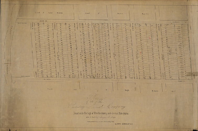 Plan, Plan of lots of the Bridesburg Land Company situate in the Borough of Bridesburg, in the County of Philadelphia. Late the estate of Sergeant Dec'd. Surveyed and laid out as above delineated Sept. 1853 by John Foulkrod Survr. [Text on reverse: "Bridesburg, Buckius to Lefevre"], 1853