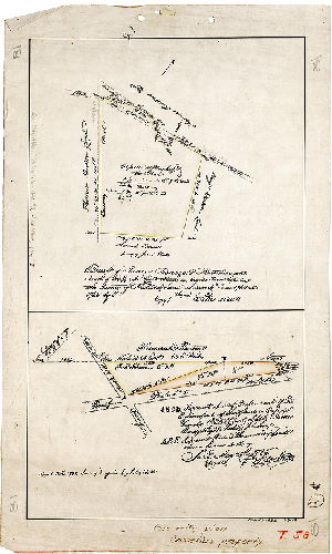 Plan, Draft of James Benezet's Plantation and Tract of 64-3/4 Ac's. land situate in Oxford Township in the County of Philadelphia as survey'd. June 1764 and 1765 by (signed) (copy) Silas Watts. [Second survey dated 1785; "Traced by E.R.S. 1-4-09"], 1785