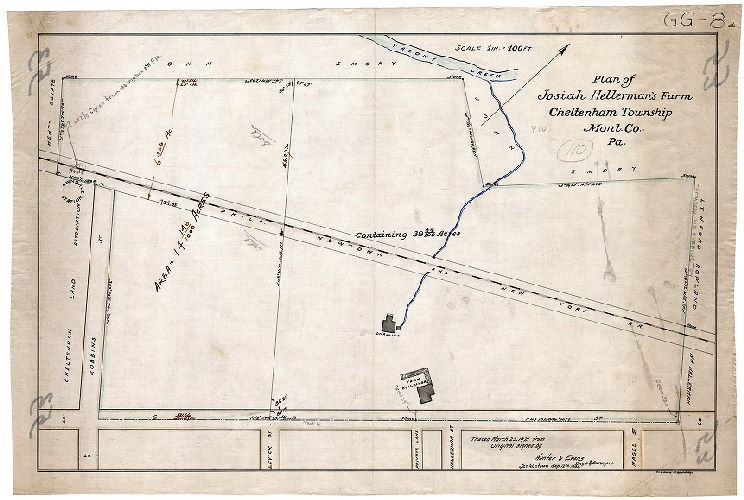 Plan, Plan of Joshua Hellerman's farm, Cheltenham Township, Mont. Co. Pa. Traced March 23, 1921 from original signed by Hunter & Evans, Engrs. & Surveyors, Jenkintown, Sep. 12, 1888. , 1888