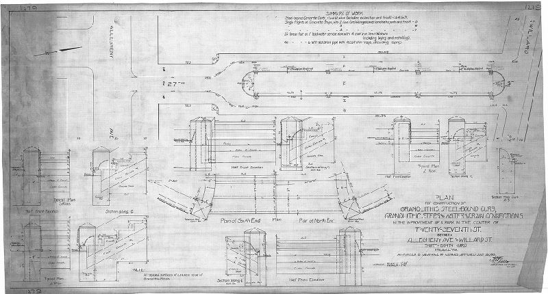 Plan, Plan for the construction of granolithic steel-bound curb, granolithic steps and water and drain connections in the improvement of a park in the center of  Twenty-seventh St. between Allegheny Ave. and Willard St., Thirty-eighth Ward, Philadelphia. [Garden street], 1917